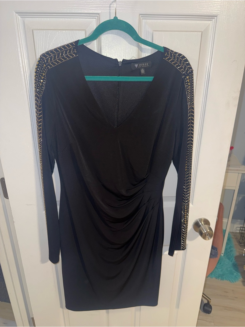 Guess Black Long-Sleeve Sheath Dress with Gold Shoulder Embellishments